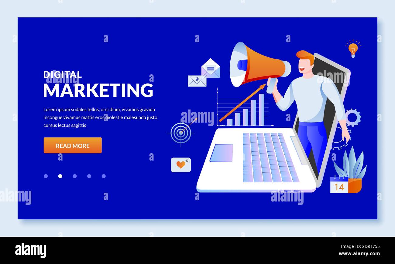 Digital marketing and SEO business technology concept. Vector illustration. Website management and social media advertising strategy. Web landing page Stock Vector