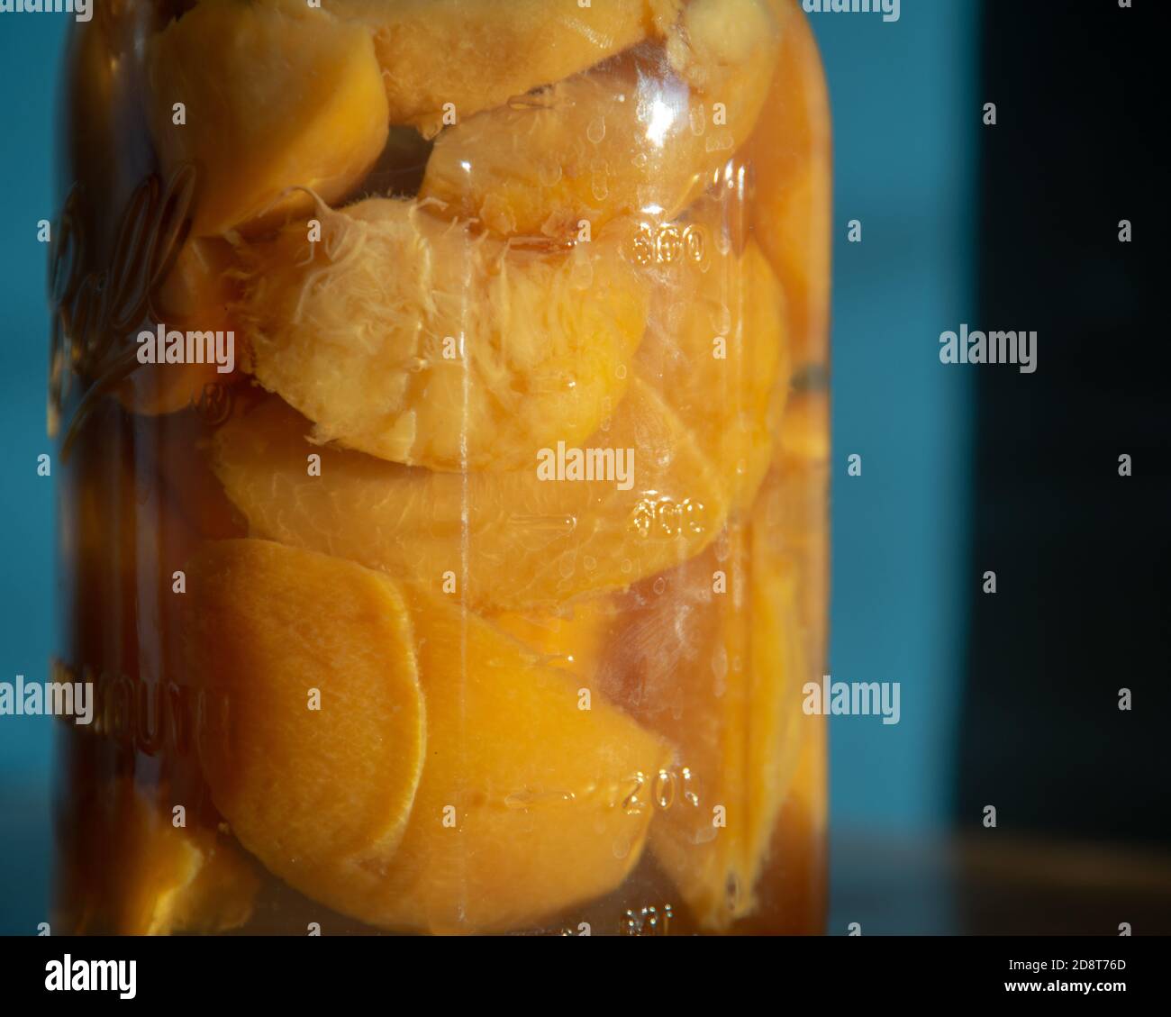 Mason glass jar with canned peaches Stock Photo Alamy