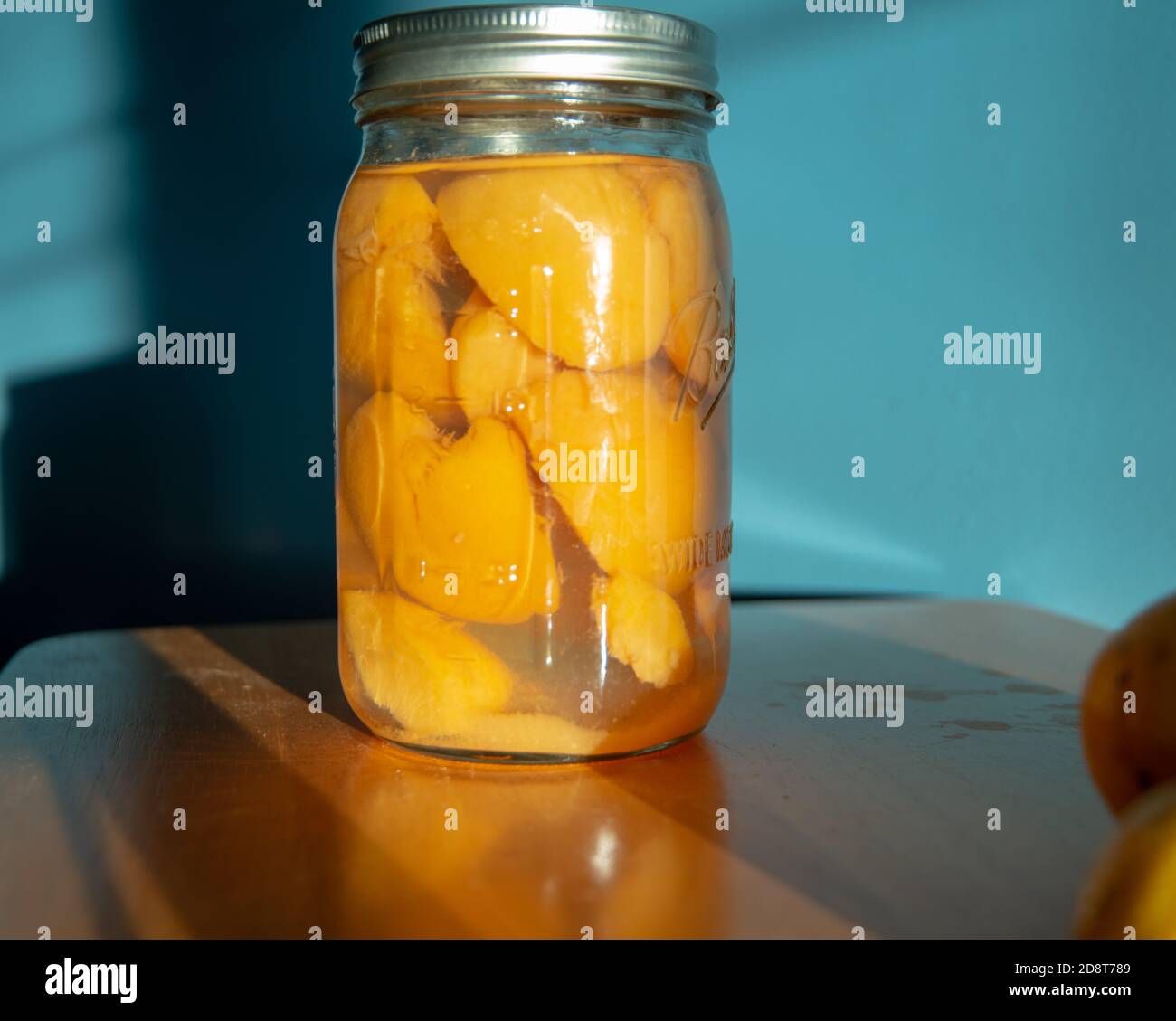 Mason glass jar with canned peaches Stock Photo Alamy
