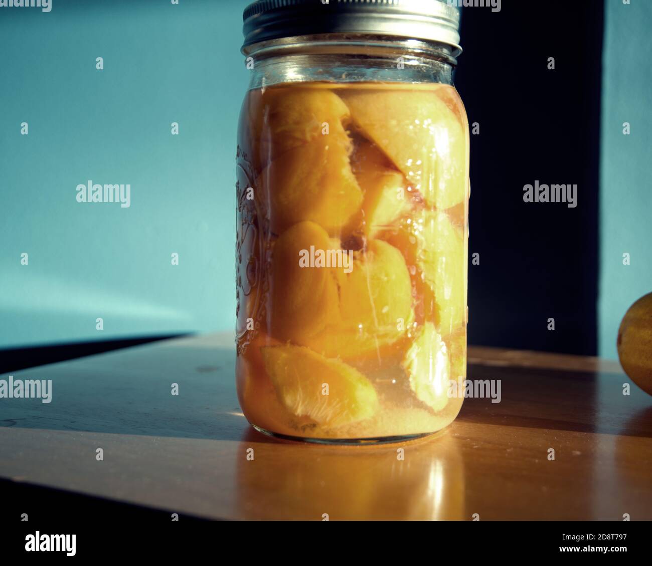 Mason glass jar with canned peaches Stock Photo Alamy