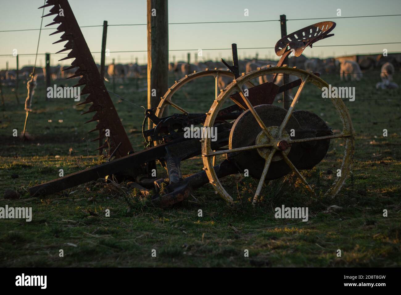Ann old rustic harvester at sunset on a farm Stock Photo