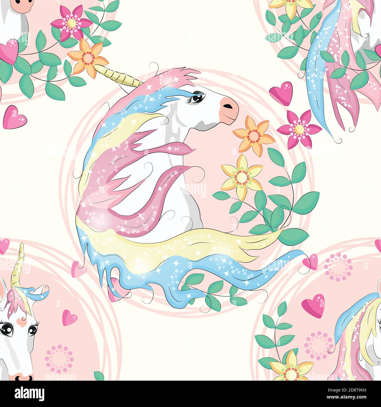 Seamless pattern with unicorns, donuts rainbow, confetti and other elements Stock Vector