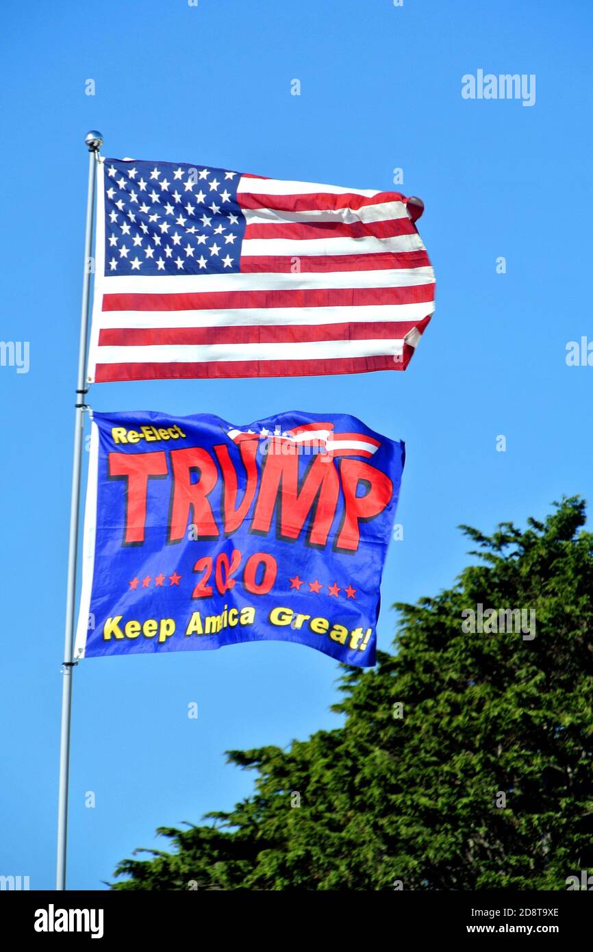2020 relect Trump flags fly over motor home in Bodega Bay Marina