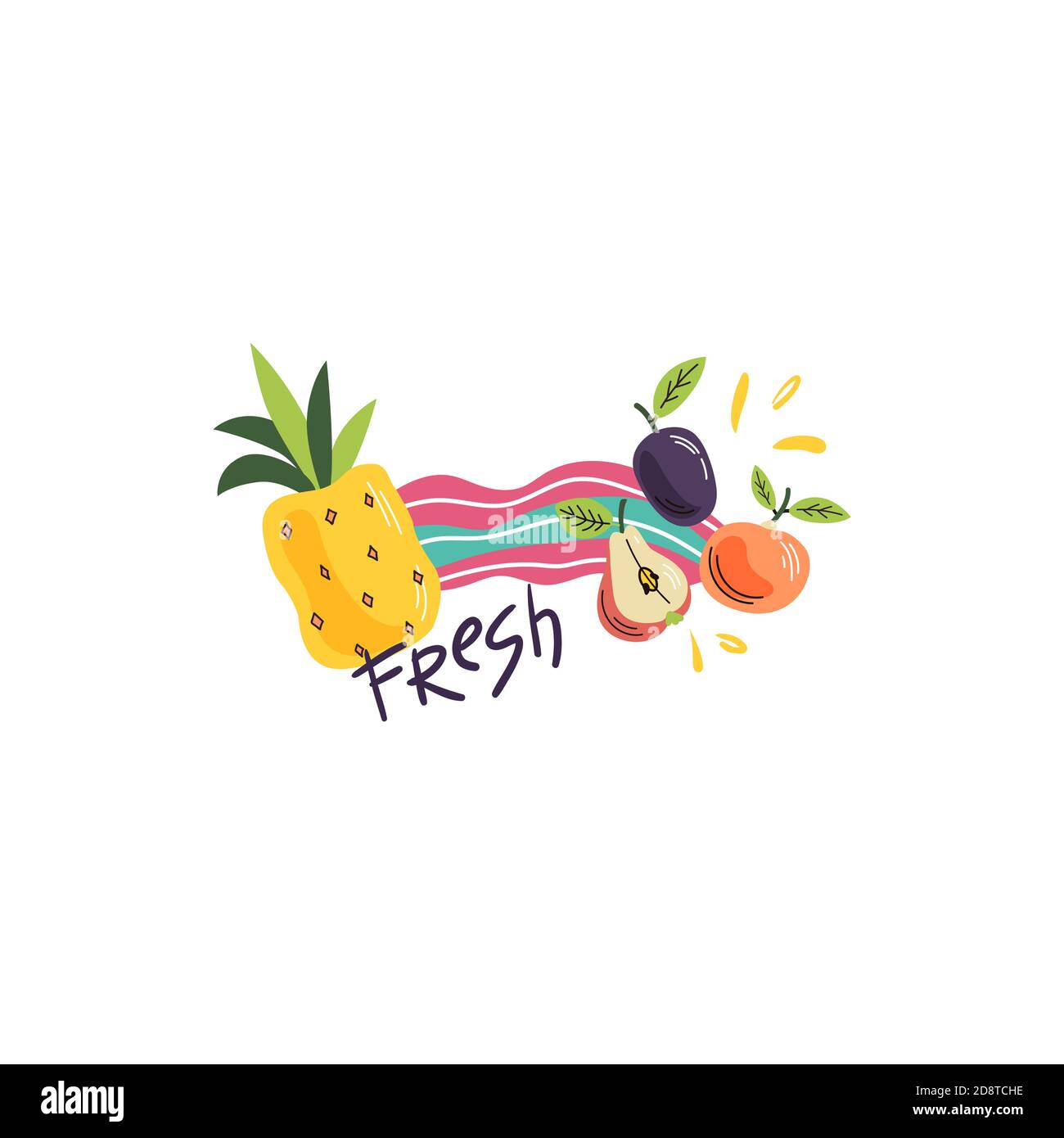 Hand-drawn illustration of fruits on the light background. Colorful vector composition of fresh fruits. Doodle flat style. Stock Vector