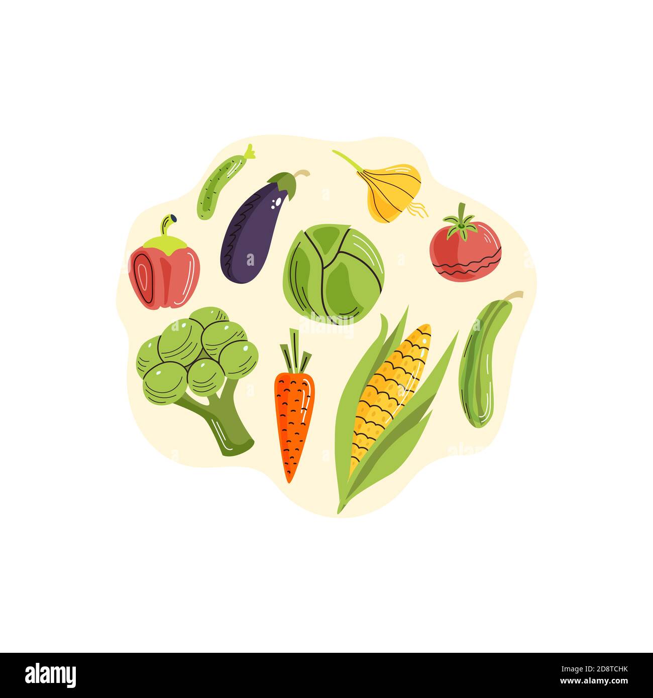 Hand-drawn illustration of vegetables on the light background. Colorful vector composition of fresh organic vegetables. Doodle flat style. Stock Vector