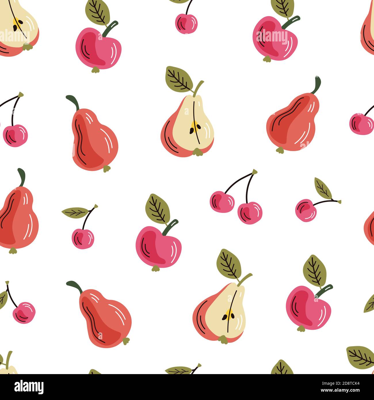 Pear, apple, and cherry vector seamless pattern on the light background. Fruit illustration. Flat clipart. Stock Vector