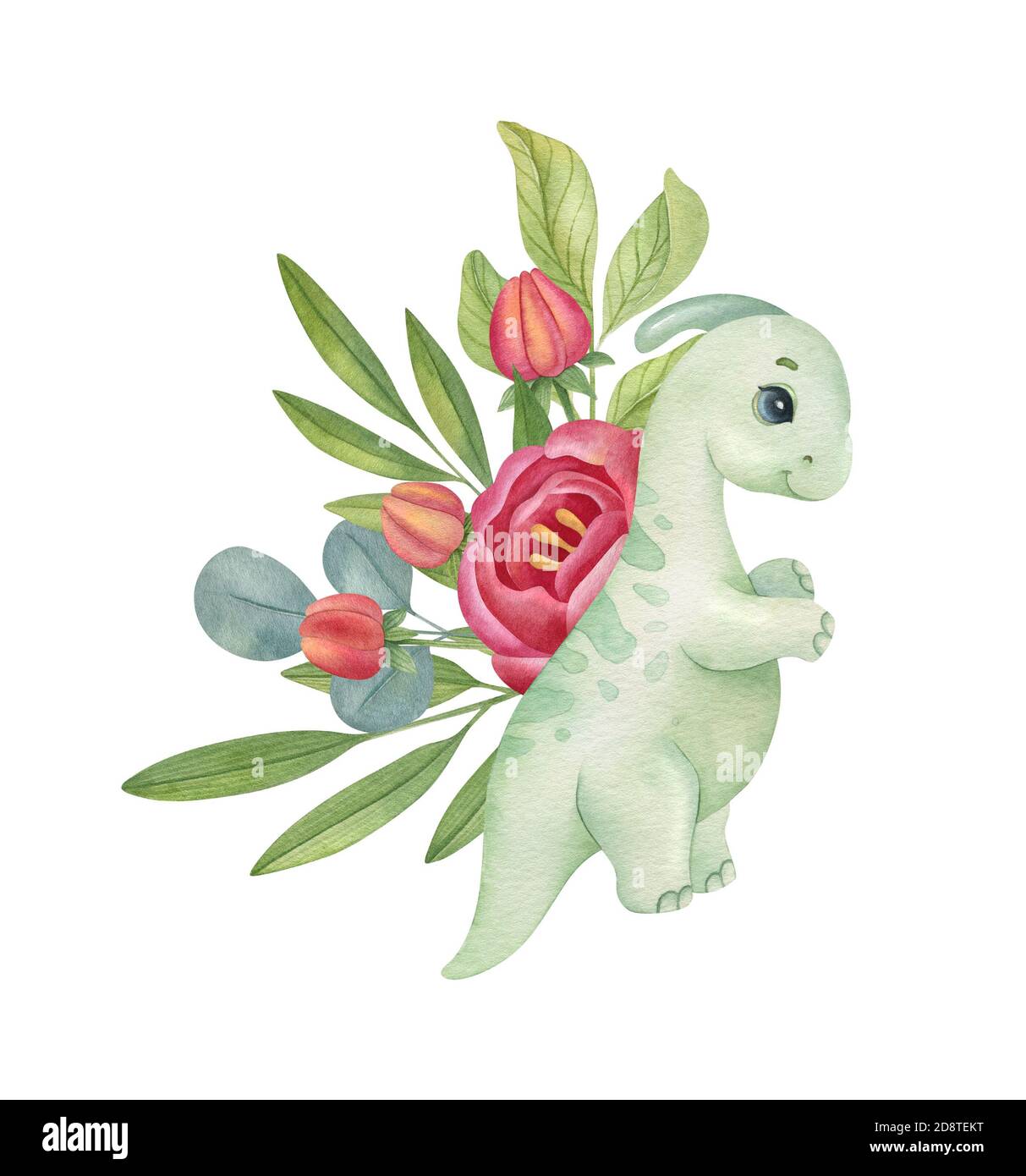 Cute little dinosaur with flower composition on the light background.  Watercolor isolated cartoon kids illustration. Ideal for invitation, poster  Stock Photo - Alamy