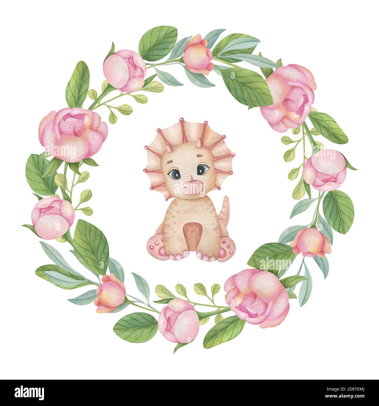 Cute little dinosaur with flower composition on the light background.  Watercolor isolated cartoon kids illustration. Ideal for invitation, poster  Stock Photo - Alamy