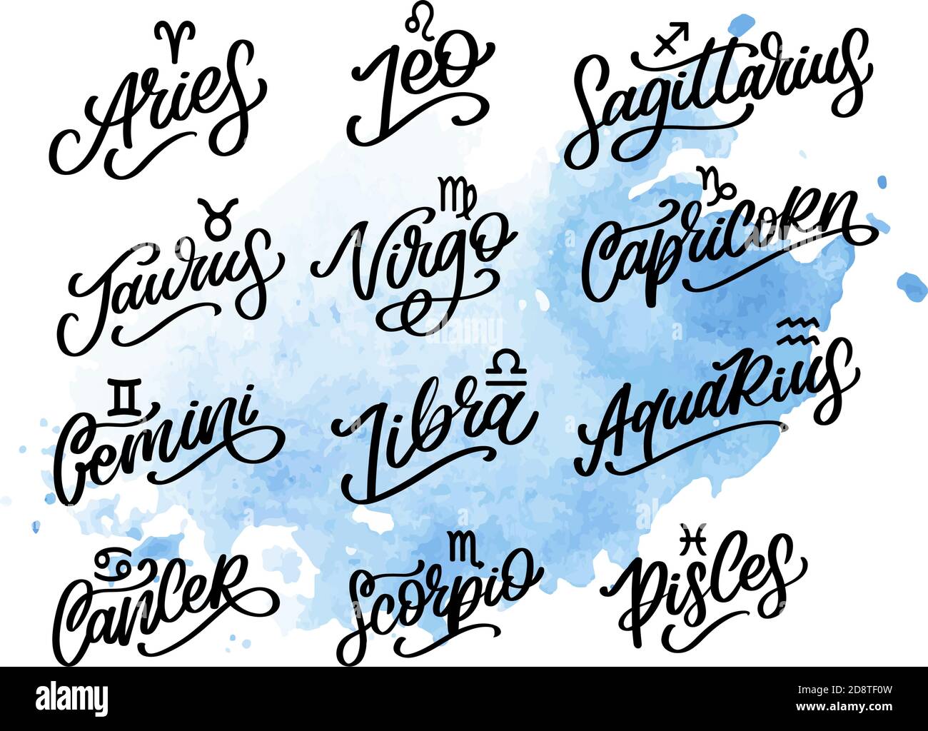 Zodiac lettering Vector Sign. Cartoon astrology text illustration. Horoscope handwritten icon set. Stock Vector