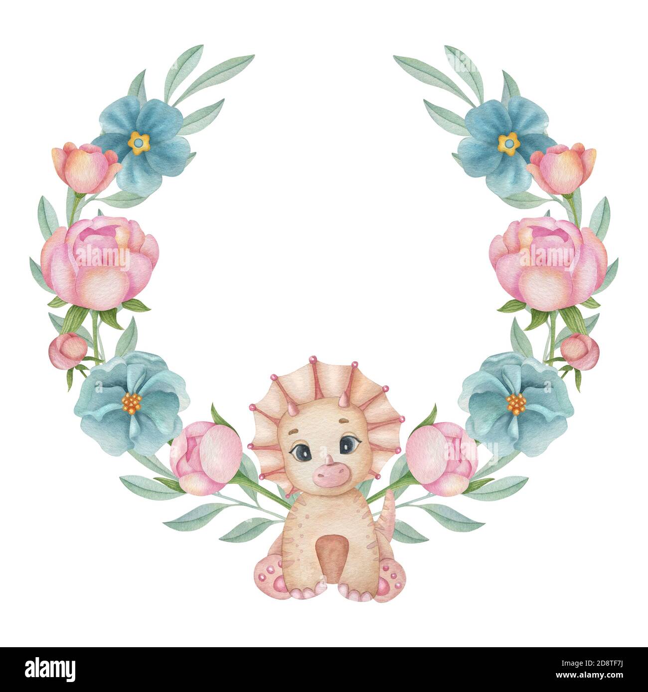 Cute Little Dinosaur With Flower Composition On The Light Background Watercolor Isolated Cartoon Kids Illustration For Invitation Poster Decor Stock Photo Alamy