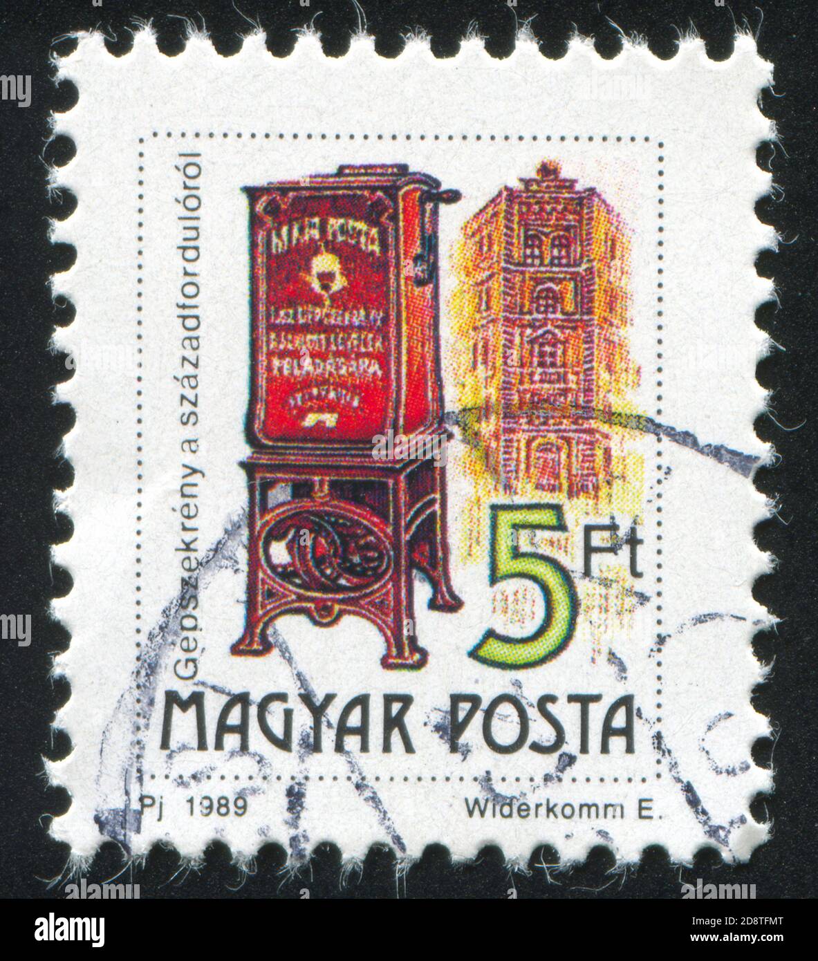 HUNGARY- CIRCA 1990: stamp printed in Hungary, shows mailbox and main post office in Budapest, circa 1990 Stock Photo