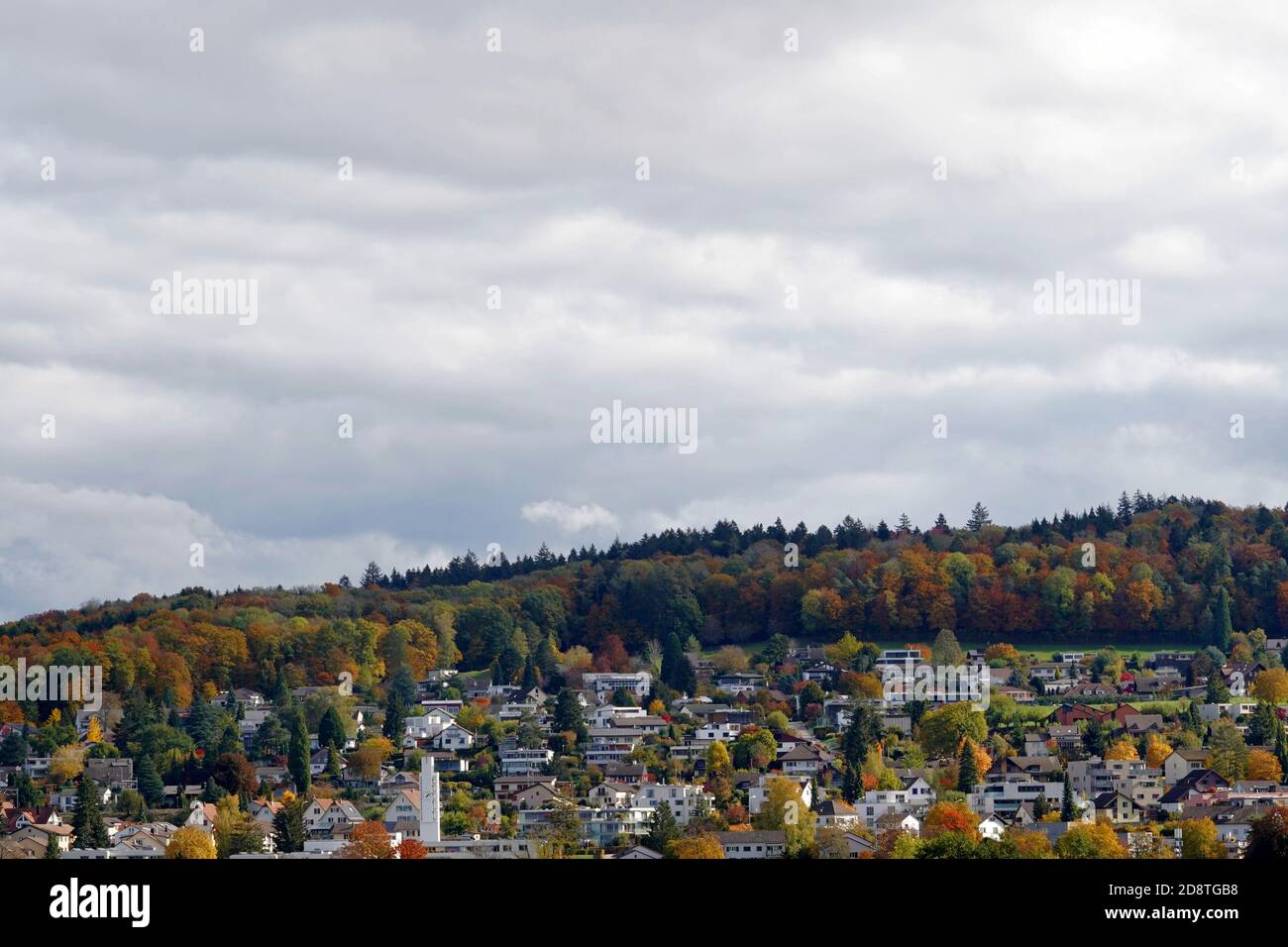 Panoramic view of village Urdorf, Switzerland, residential district with mixed forest on the background in various colors in autumn. Seasonal view. Stock Photo