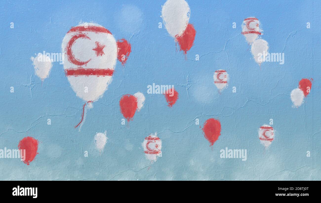 Oil painting of baloons with northern cyprus flag floating in front of a clear blue sky Stock Photo