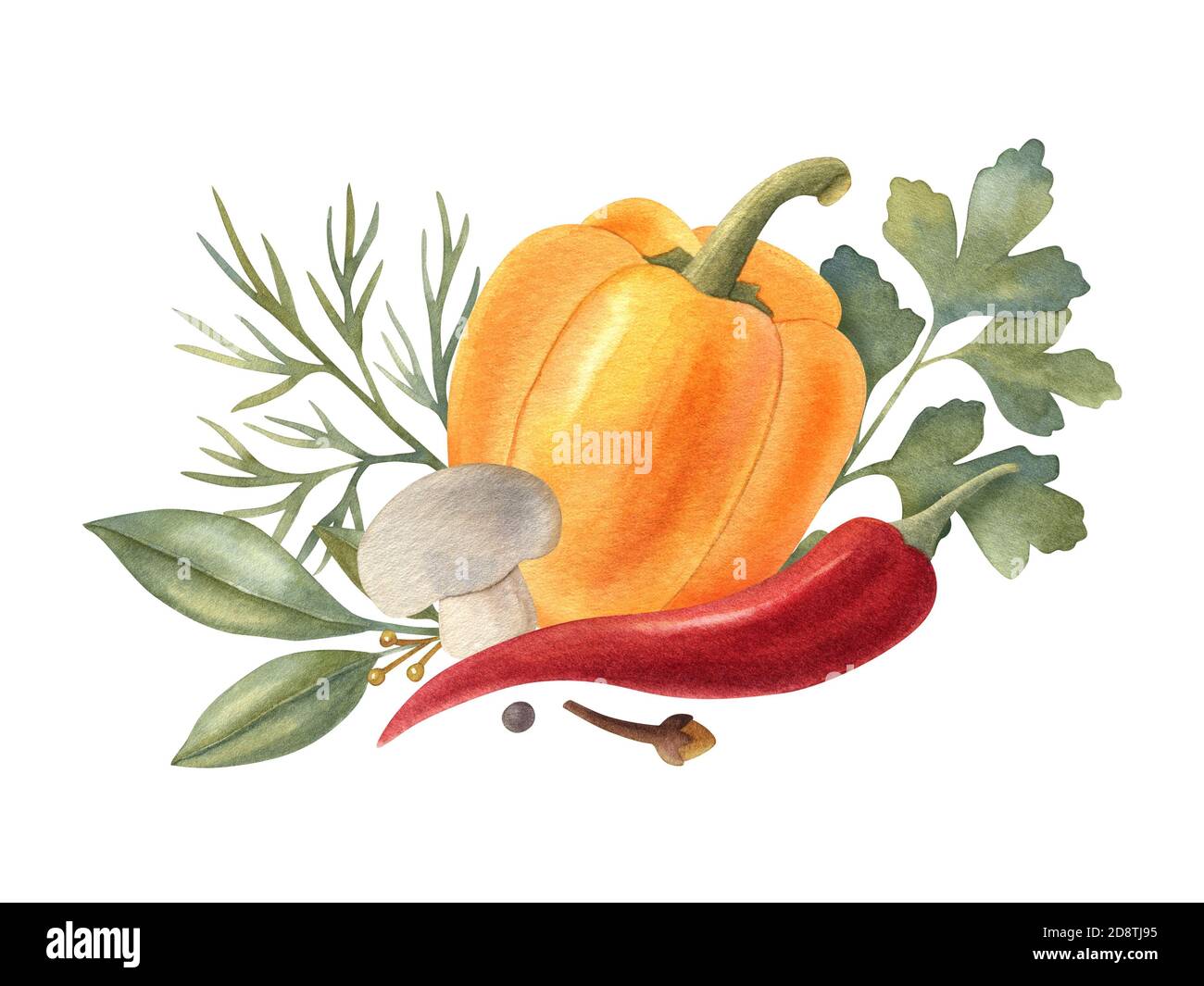 Watercolor vegetable composition with herbs, yellow bell pepper, mushroom, and red chili. A bright illustration of healthy fresh food. Stock Photo
