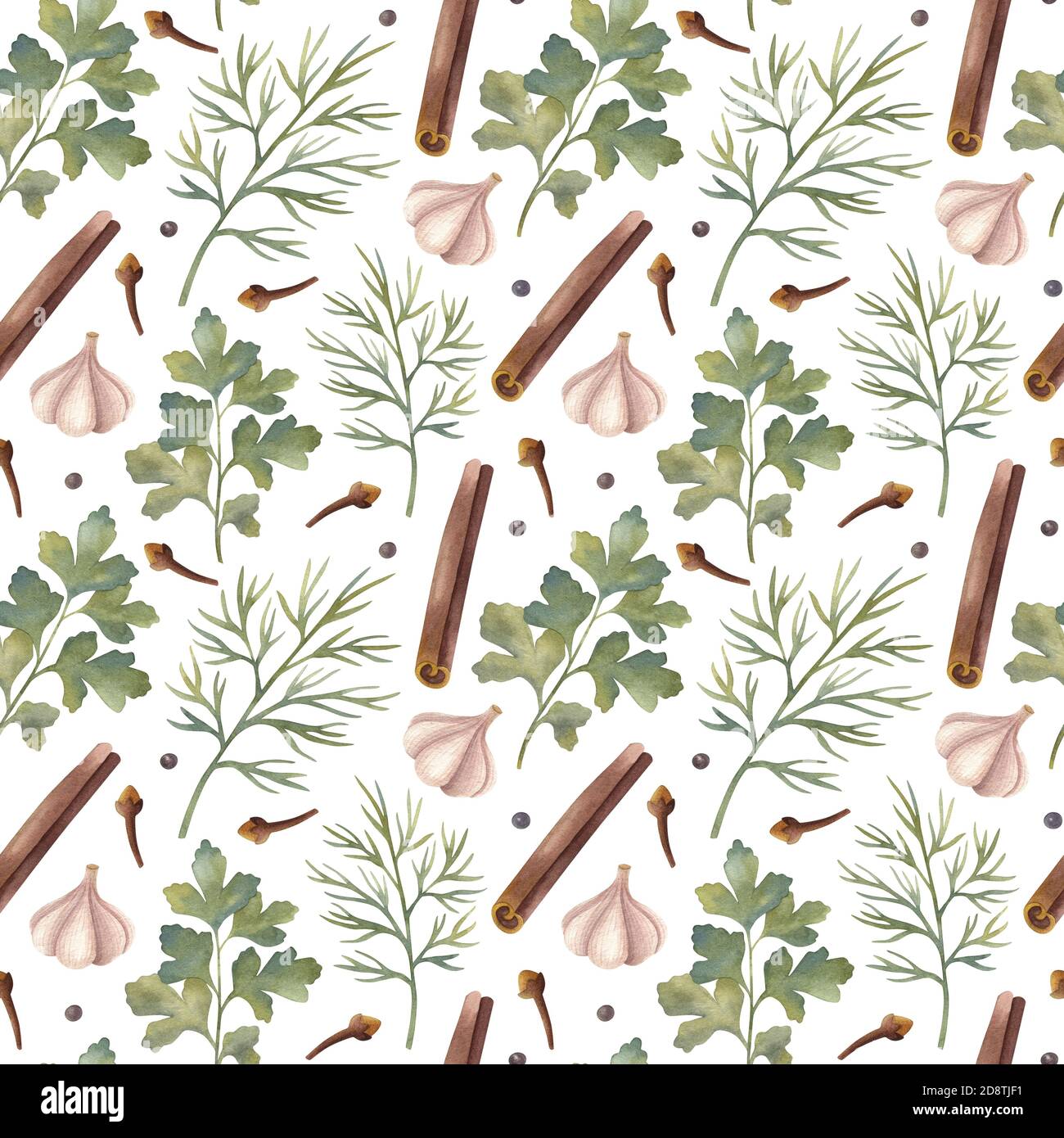 Watercolor seamless pattern with dill, parsley, carnation, cinnamon, garlic, and black pepper on