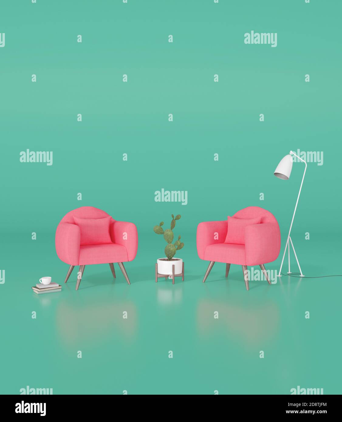 Creative interior design in green studio with armchairs. Minimal color concept. 3d render 3d illustration Stock Photo