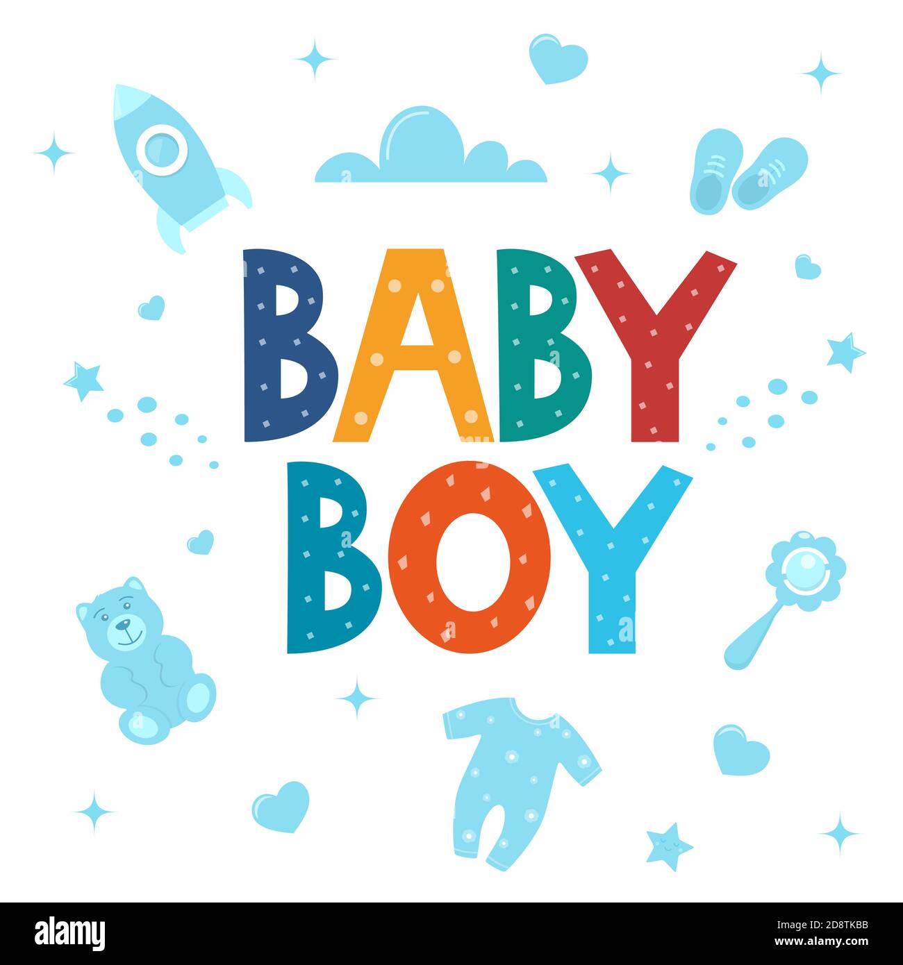 Baby shower card for boys. It's a boy card. Vector invitation with lettering Baby Boy and cute baby things. Print, clothes, card, children's room deco Stock Vector