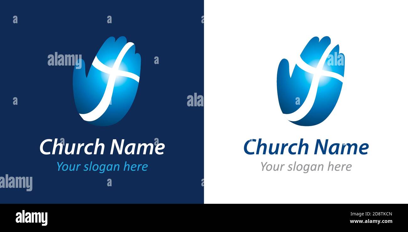 Hand palm and cross blue logotype concept. Logo idea. Creative religious icon. Cut out shiny brand sign. Isolated abstract graphic web design template Stock Vector