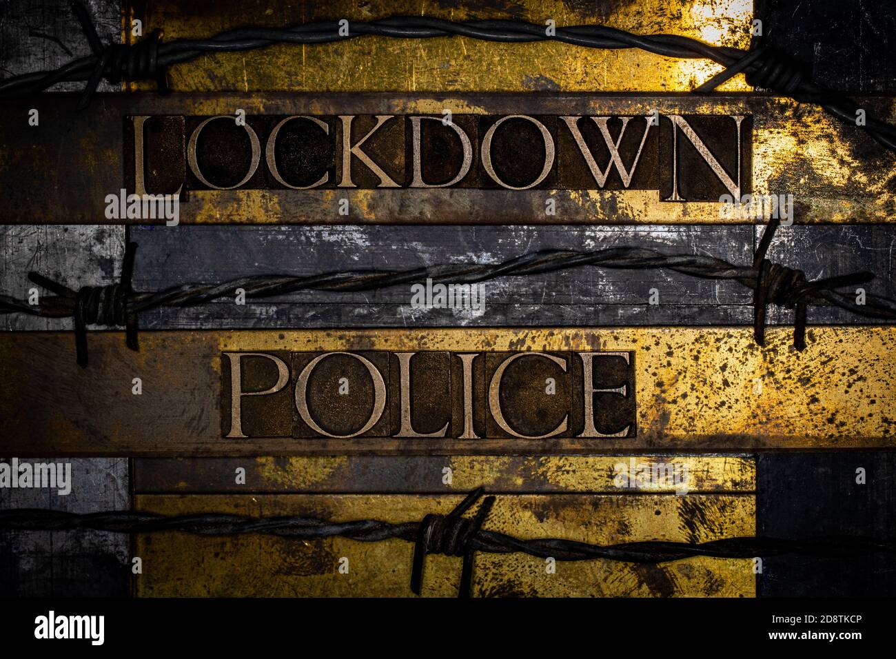 Lockdown Police text message on textured grunge copper and vintage gold background Stock Photo