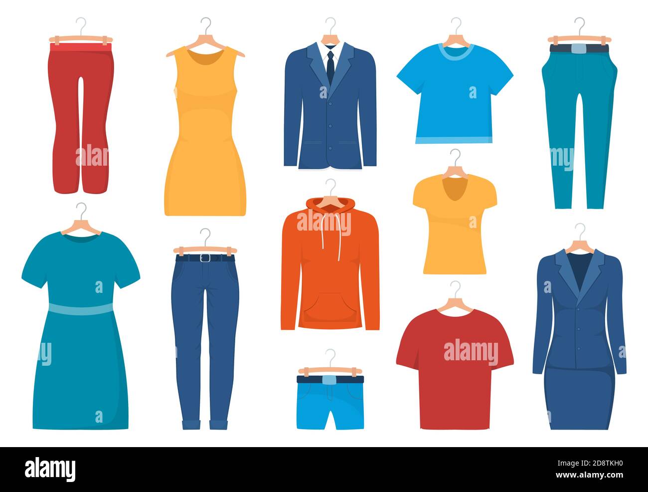Men's and woman's clothes on hangers, set. Dress, trousers, sweatshirt, t-shirt, shorts, top, jacket suit Vector illustration Stock Vector