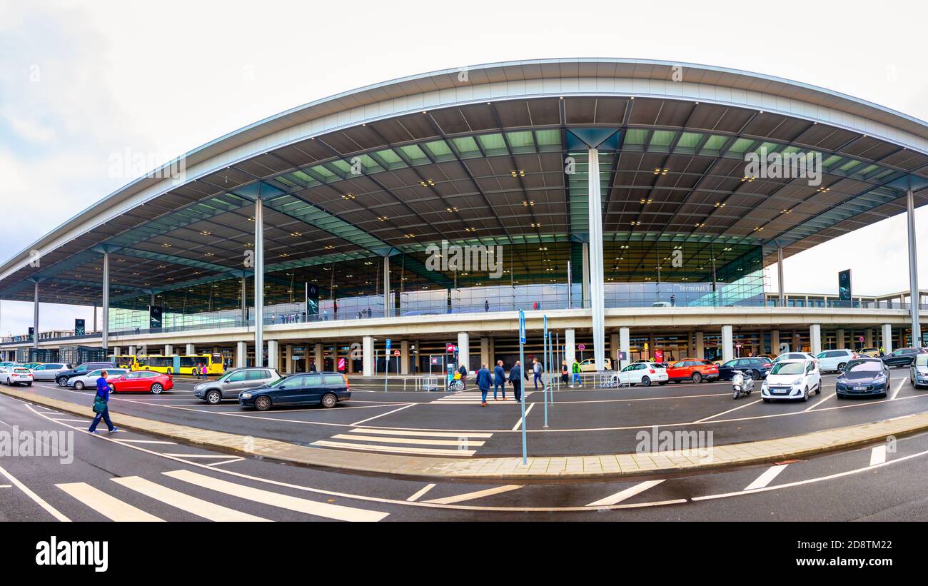 Schönefeld, Germany - November 1, 2020 - Passenger terminal Berlin Brandenburg airport at a cloudy day, international airport Willy Brandt near the ca Stock Photo