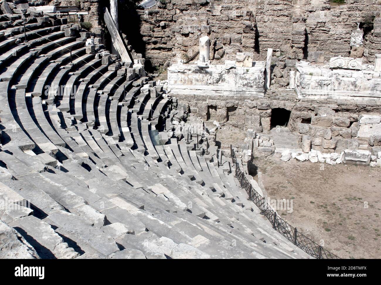 Side Amphitheatre was built by Romans in 2nd Century AD replacing the Hellenistic theatre which was there prior to it. The Amphitheatre was the larges Stock Photo