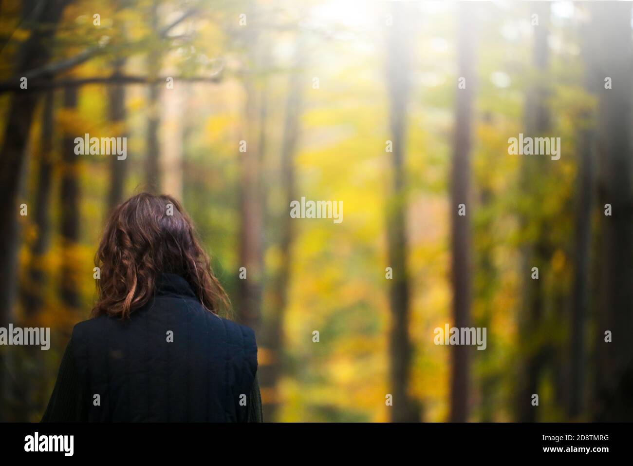Depressed young woman waling during pandemic alone in park. Sadness from lost partner. Behind view.  Stock Photo