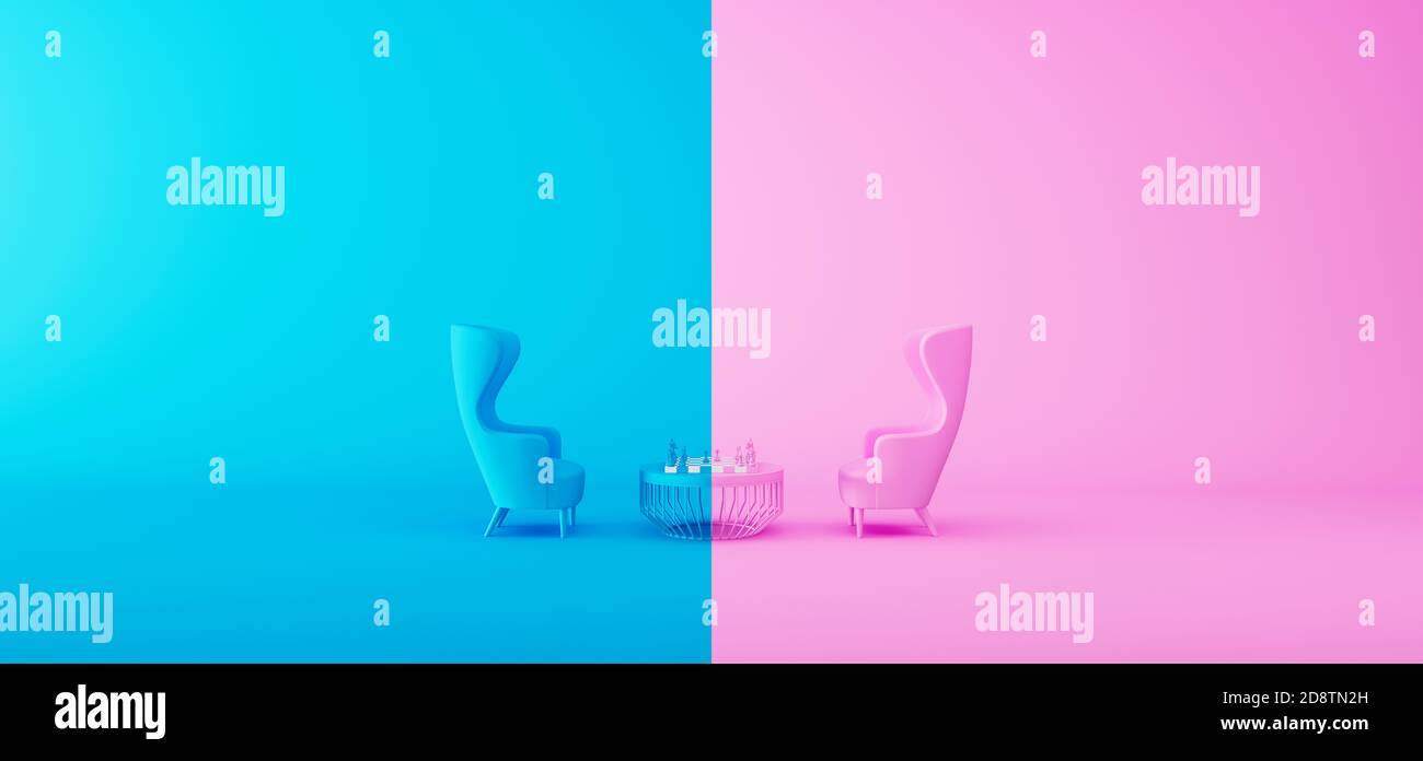 Empty room interior design with blue and pink pastel colors. The difference between boys and girls. Man and Woman competition concept 3d render Stock Photo