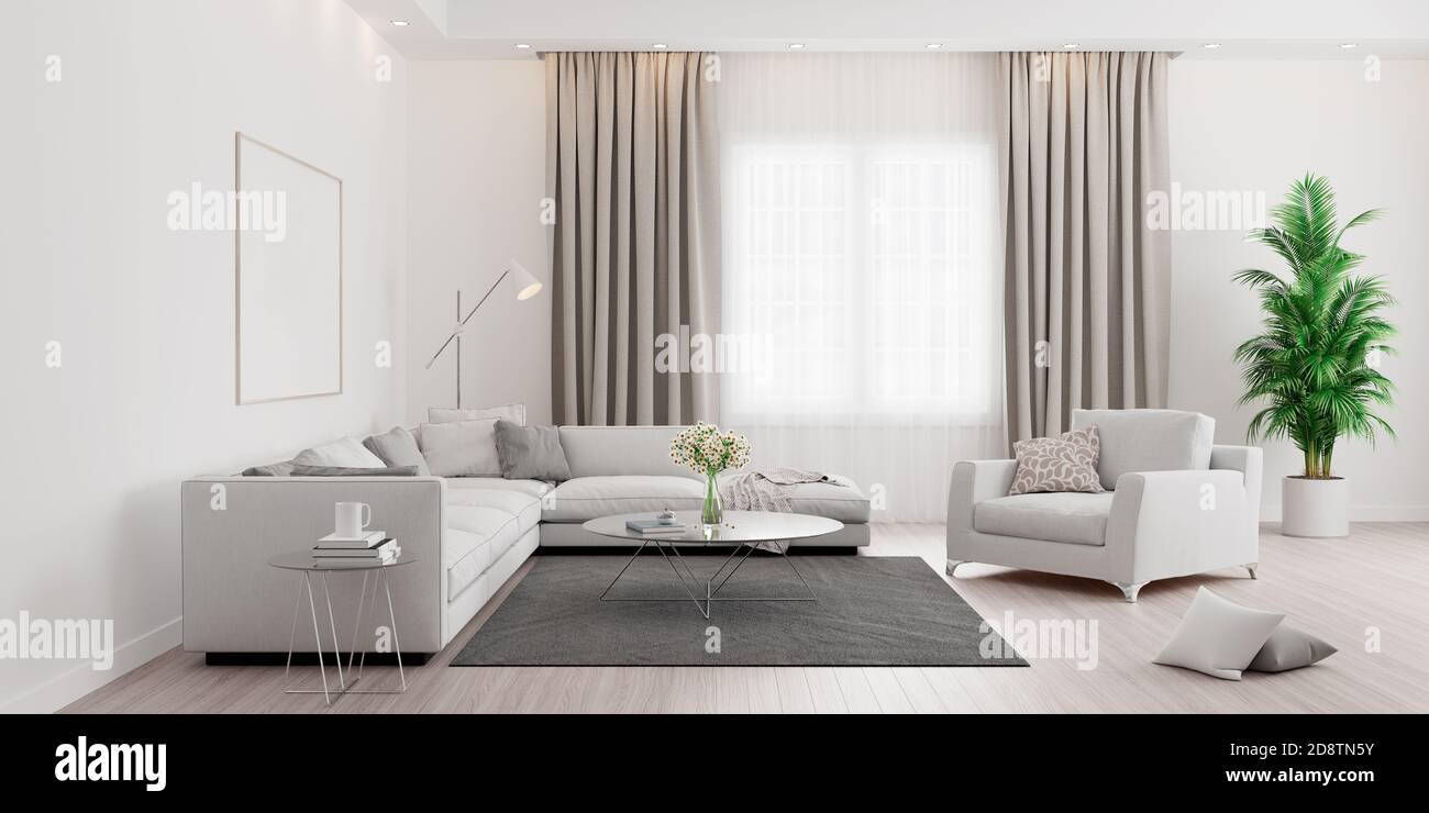 Modern Living room, interior design with green plant 3D Render 3D ...
