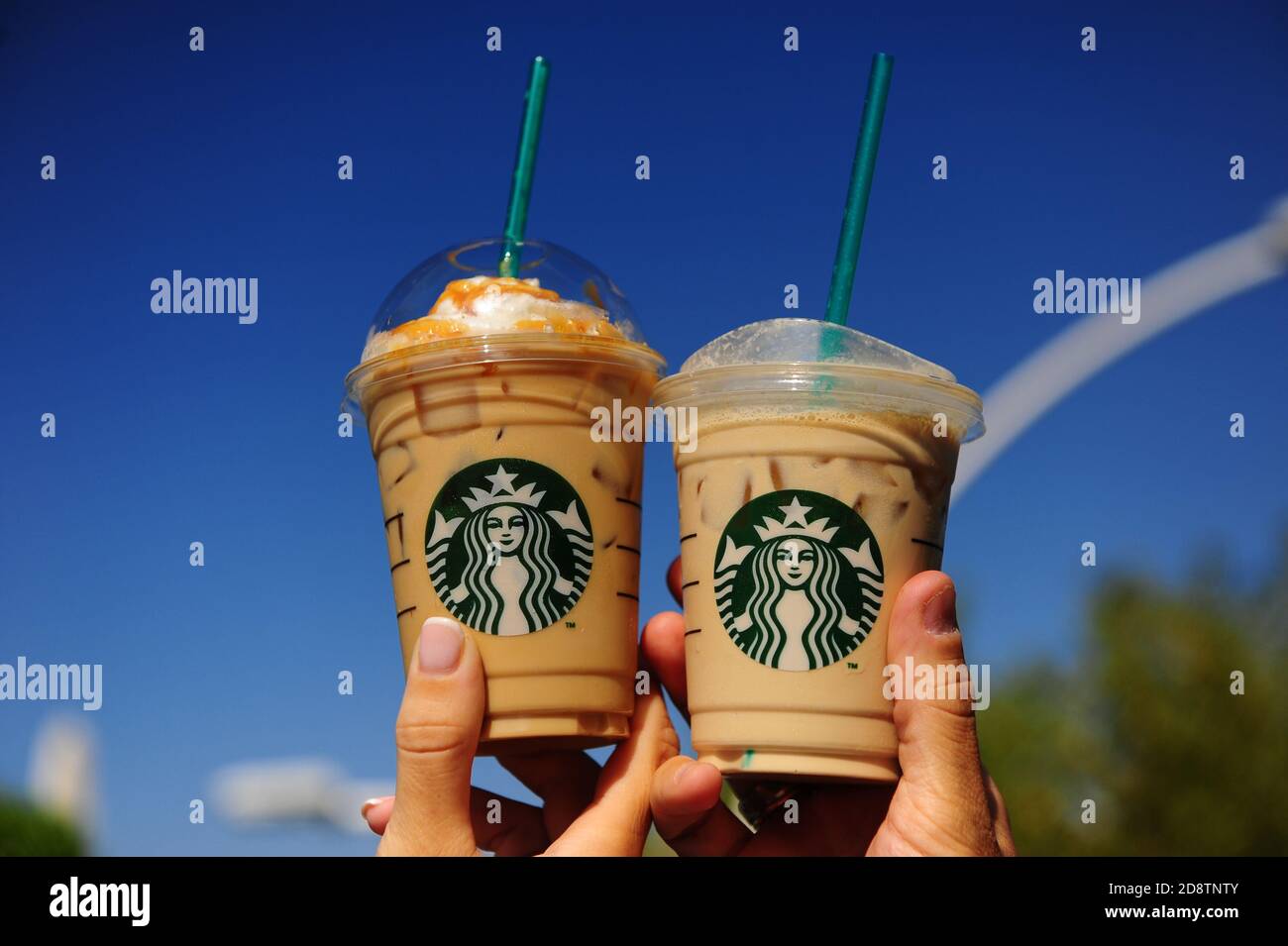 FETHIE, TURKEY - OCTOBER 112 delicious cold Starbucks coffee against a blue sky  in Fethie on October 11, 2020. Stock Photo