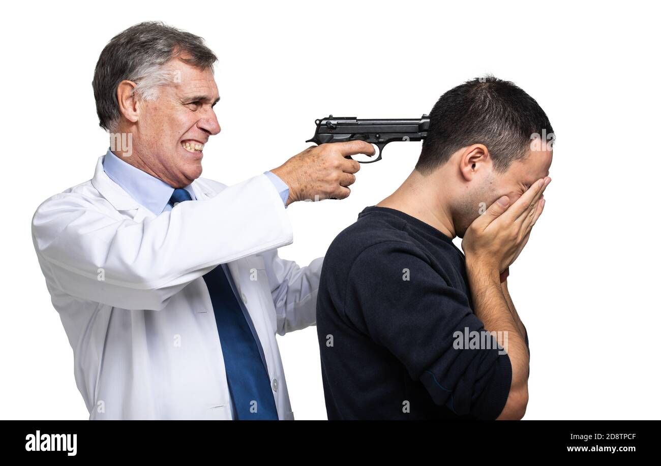 Doctor pointing a gun to his incurable patient Stock Photo Alamy