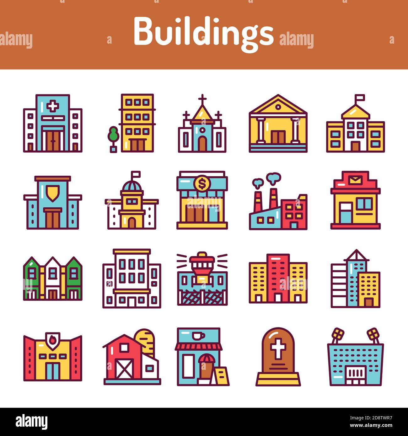 Building color line icons set. Isolated vector element. Stock Vector