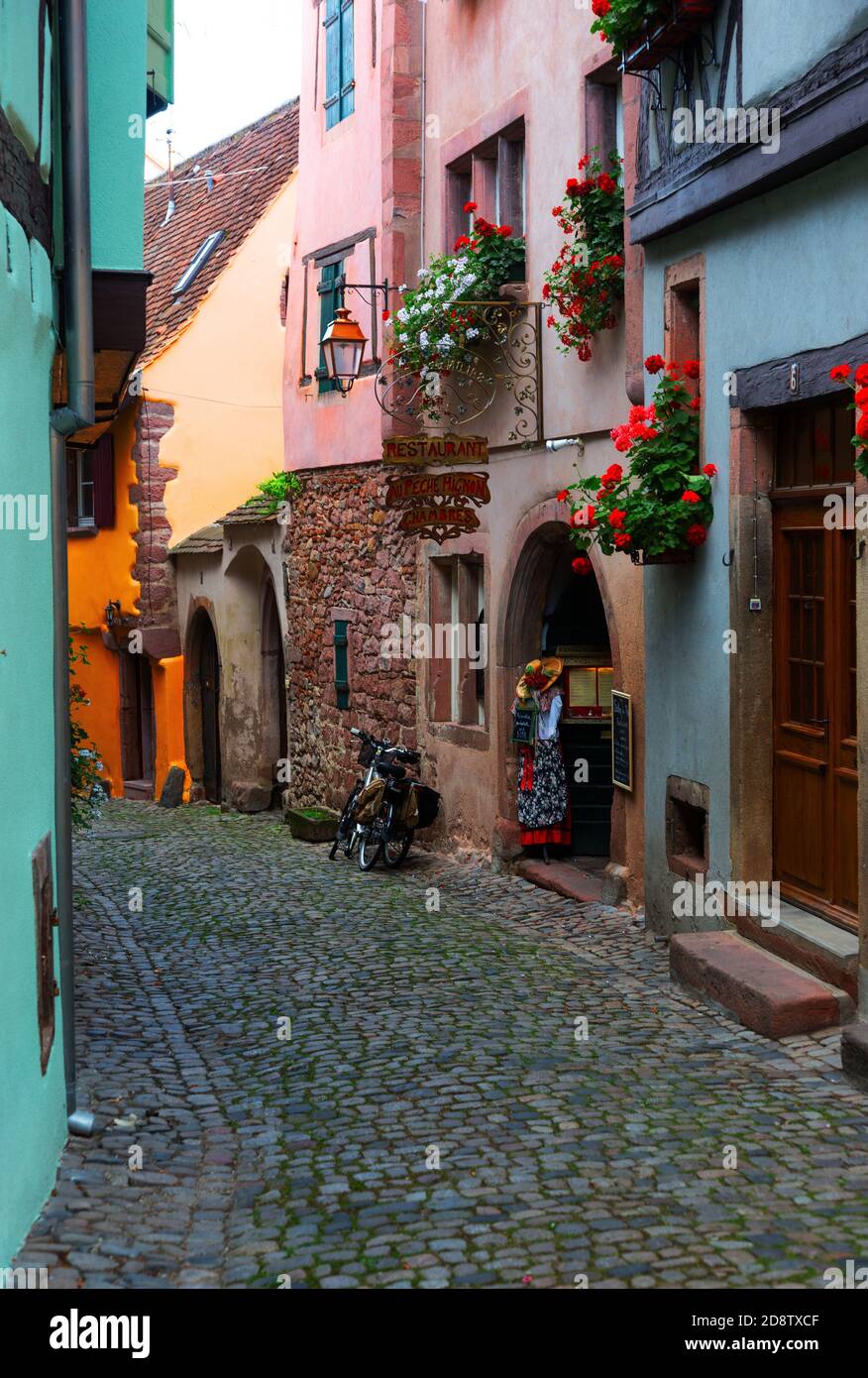 Cobblestone street and colorful medieval village in Alsace region, Riquewihr, France Stock Photo