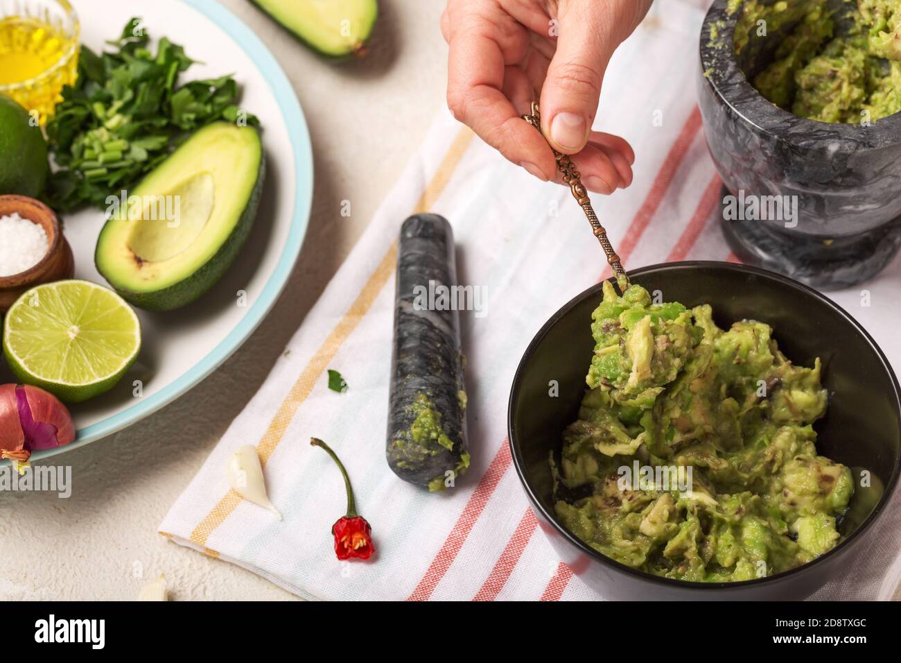 recipe, guacamole salsa verde, salsa chips, cheesy sauces, creamy avocado dip, sauce ingredients, tortilla chips Stock Photo