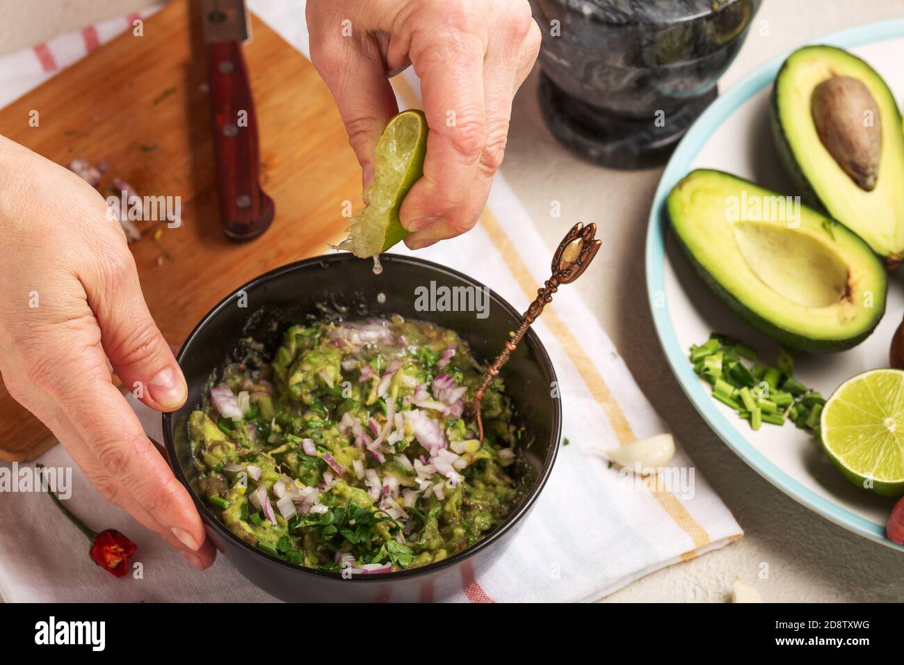 recipe, guacamole salsa verde, salsa chips, cheesy sauces, creamy avocado dip, sauce ingredients, tortilla chips Stock Photo