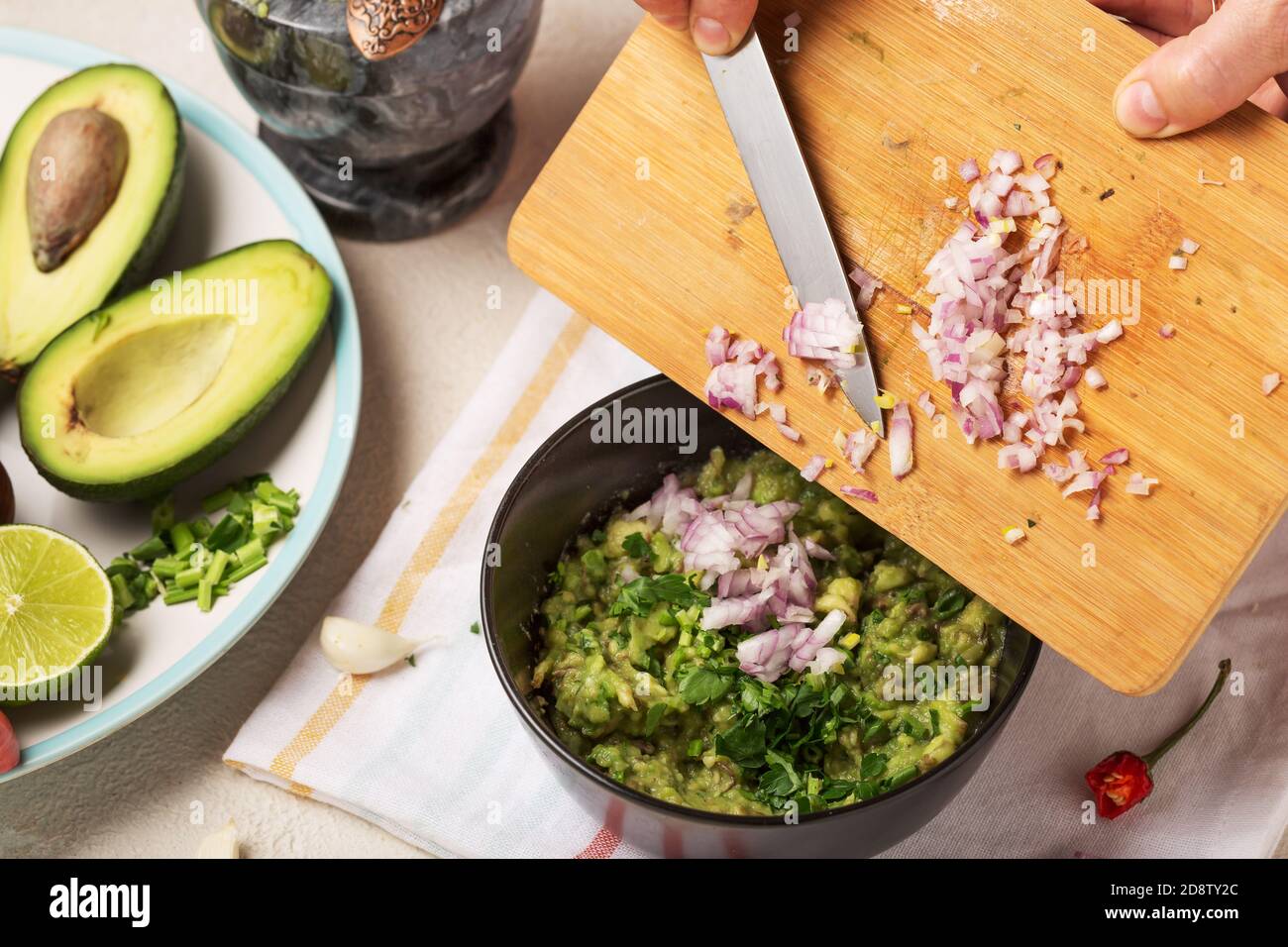 recipe, guacamole salsa verde, salsa chips, cheesy sauces, creamy avocado dip, sauce ingredients, tortilla chips Stock Photo