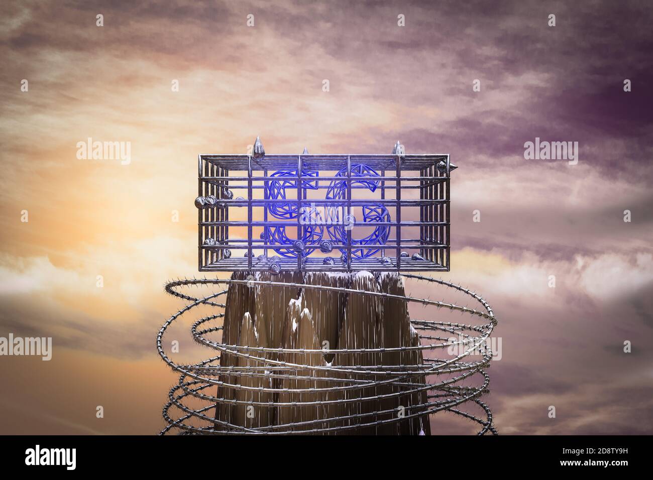 5G in a cage on the top of a mountain at sunset magenta day. 5G is prisoner  in metal cage or innovation or telephone or mobility. 3d illustration Stock  Photo - Alamy