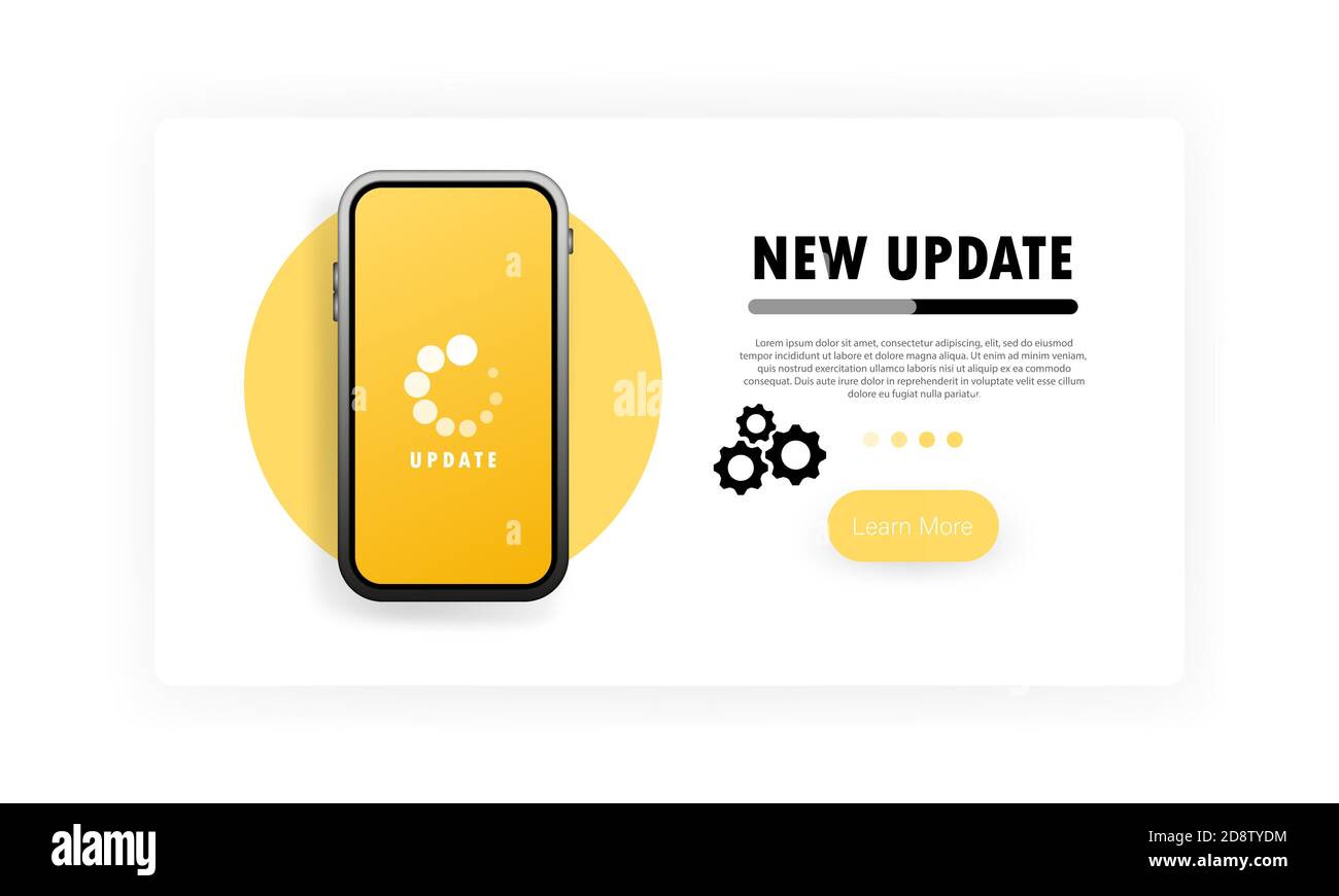 New update banner. Process updates mobile system on smartphone screen. Upgrade operating system. Downloads or uploads new version to smartphone Stock Vector