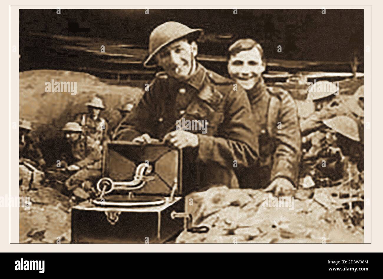 British troops with a gramophone in the trenches WWI (from a postcard of the time.) Stock Photo