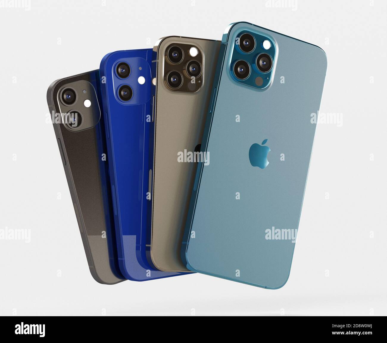 ITALY -01 NOVEMBER, 2020: Iphone 12, 12 Mini, 12 Pro and 12 Max smartphones on white background. Latest Apple Mobile iphones model. Illustrative Stock Photo