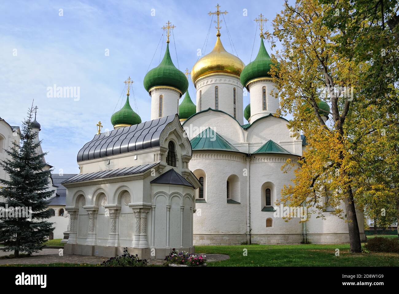 = Transfiguration Cathedral and Pozharsky Memorial in Fall Season =  The architectural ensemble of the Cathedral of the Transfiguration (Spaso-Preobra Stock Photo