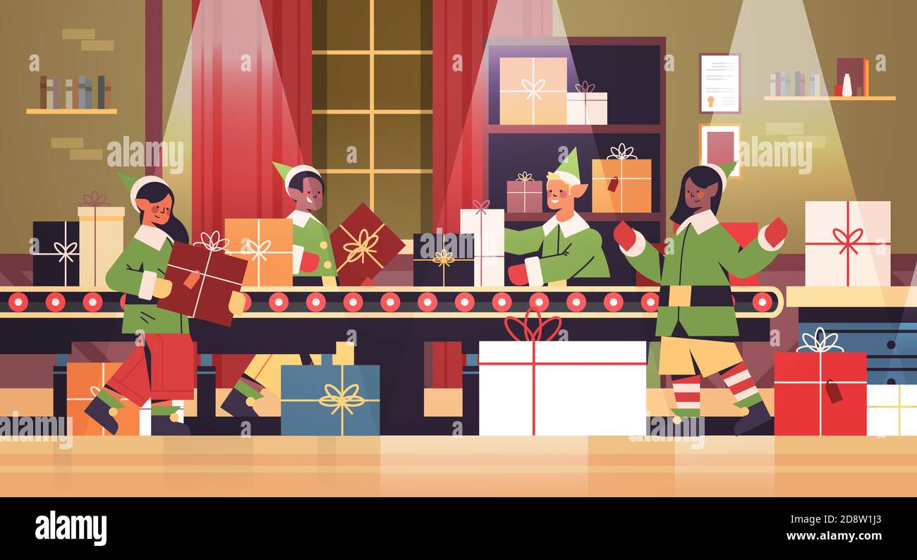 mix race elves putting gifts on machinery line conveyor happy new year