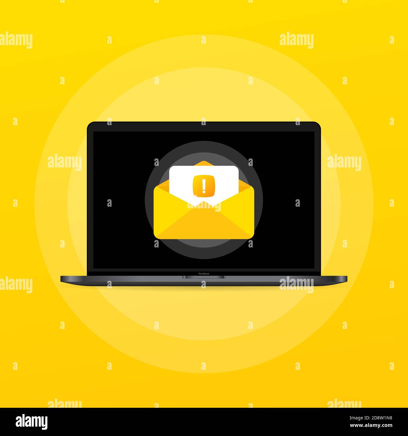 Opened envelope with exclamation mark on document illustration. Answer for email. Laptop in using. Vector on isolated background. EPS 10 Stock Vector