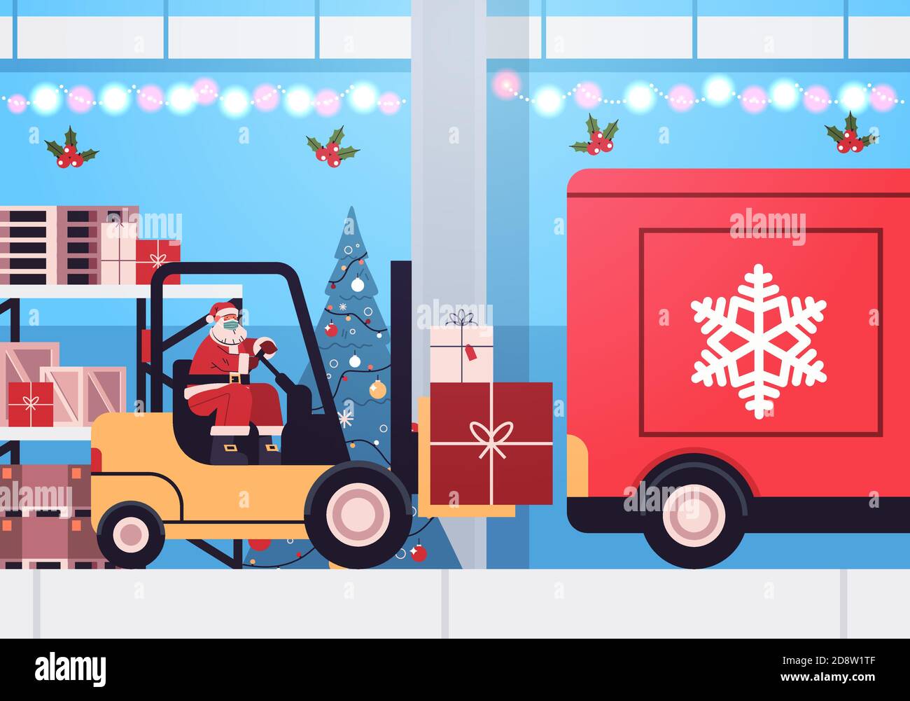 santa claus in mask forklift truck loading colorful gifts in lorry