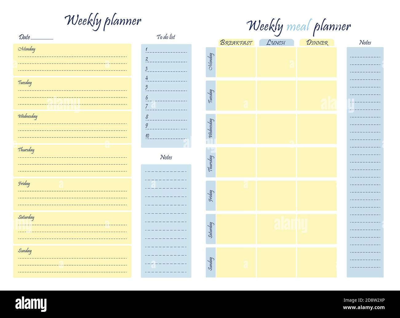 Set - weekly food and business planner template. Food diary, sheet of paper, place for notes. Stationery for menu planning and grocery. Vector Stock Vector