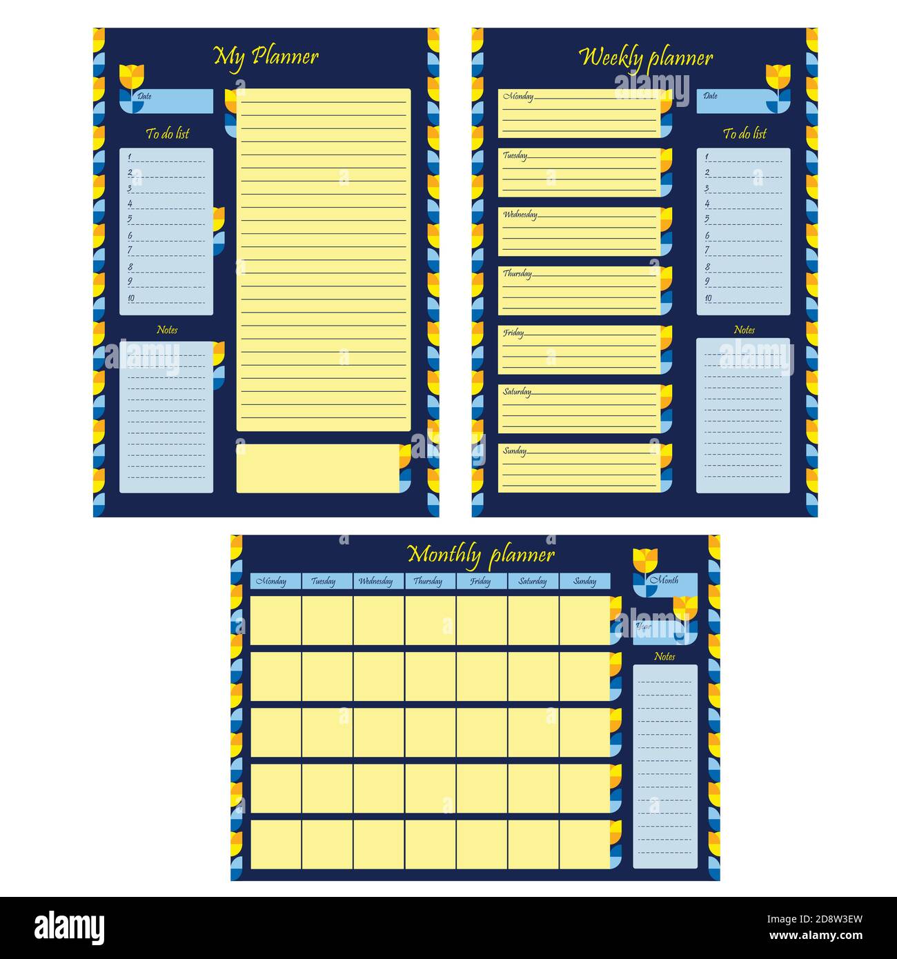 Set of business planner templates for month, week and personal. Blank page with design, ornament and flowers on a blue background. place for notes Stock Vector