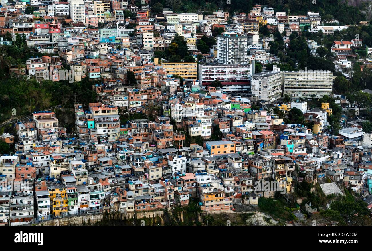 Favela Vidigal in Rio de Janeiro during sunset, aerial shot from a helicotper Stock Photo