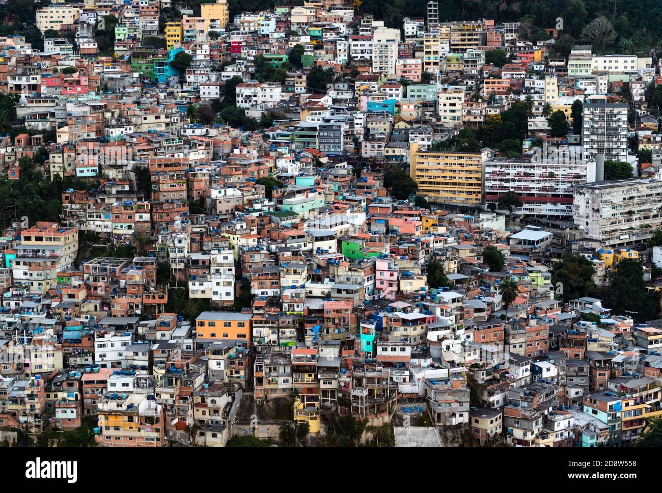 Favela Vidigal in Rio de Janeiro during sunset, aerial shot from a helicotper Stock Photo