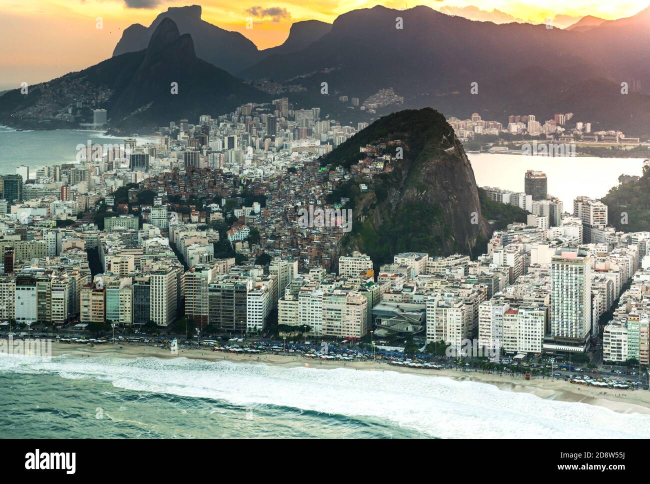 Copacabana Beach in Rio de Janeiro aerial shot during sunset Stock Photo