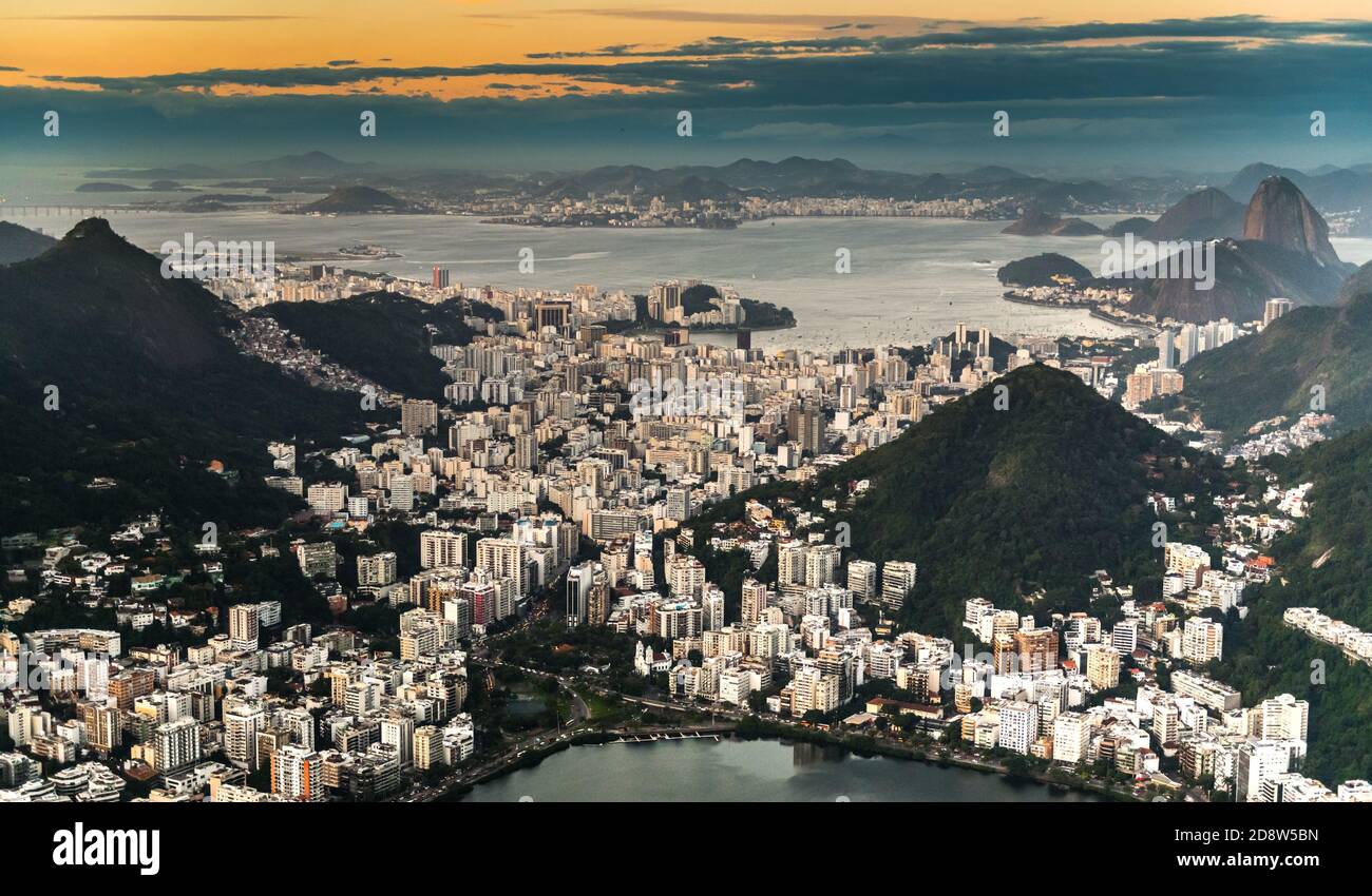 Rio de Janeiro aerial shot during sunset made from a helicopter Stock Photo